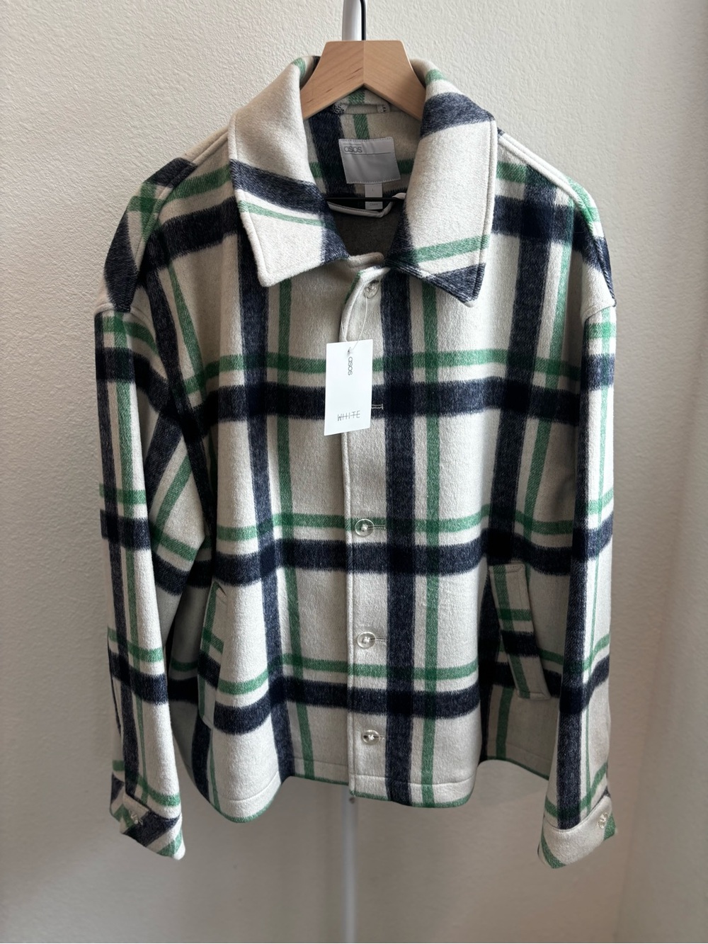ASOS WHITE Wool Blend Oversized Plaid Shacket Jacket, Cream Green Navy, Men's L